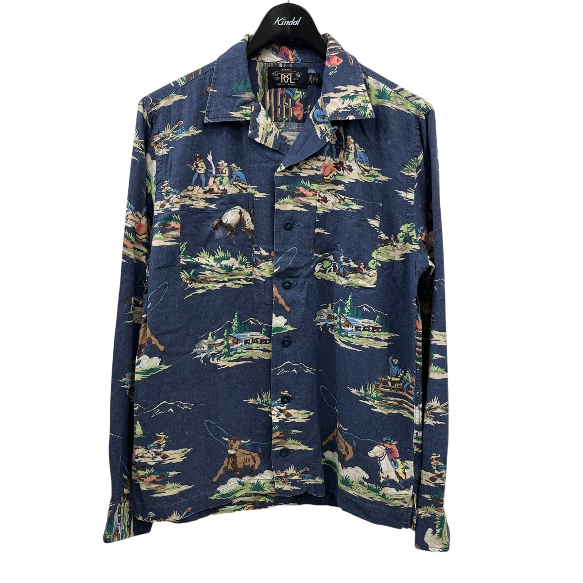 RRL(ダブルアールエル) 総柄オープンカラーシャツ ネイビー サイズ S