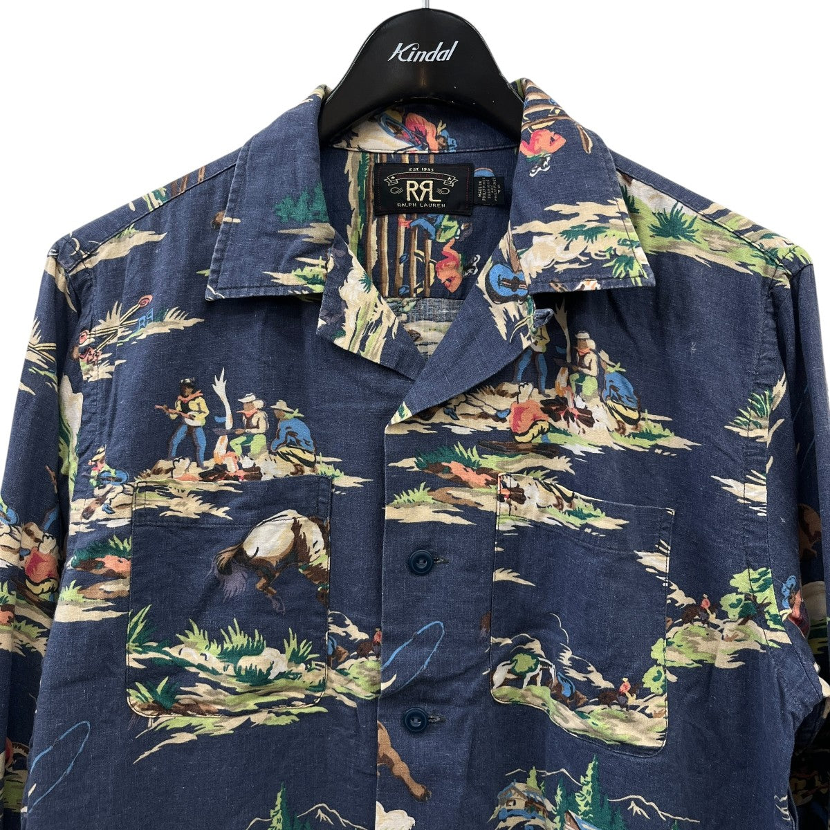 RRL(ダブルアールエル) 総柄オープンカラーシャツ ネイビー サイズ S