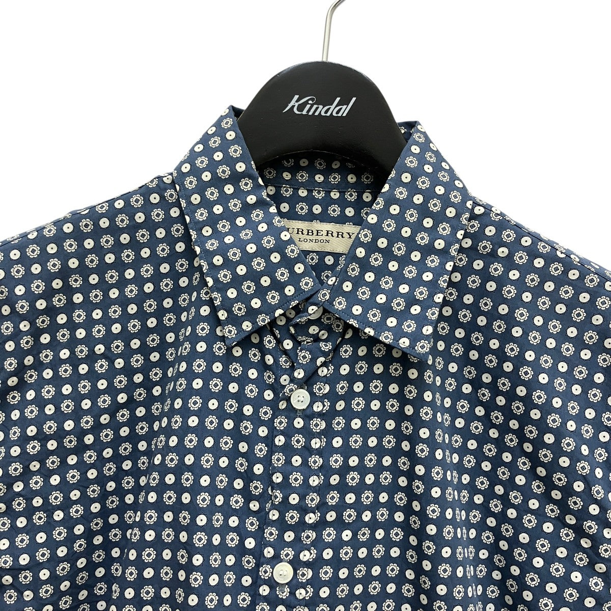 BURBERRY(バーバリー) 総柄シルク混半袖シャツ ネイビー×ホワイト