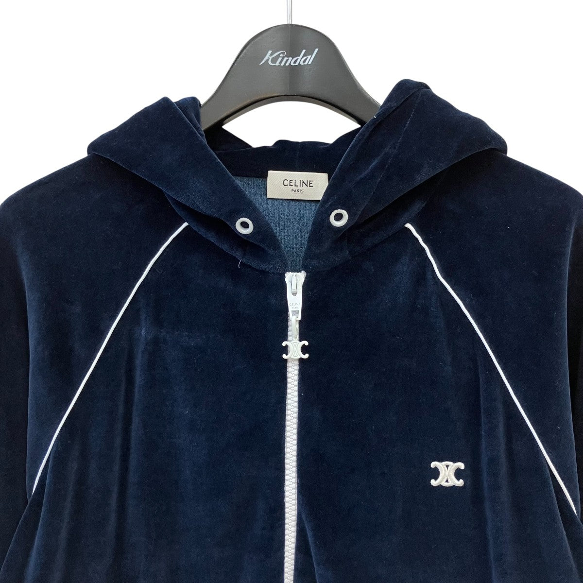 CELINE - 美品 CELINE セリーヌ 2Y99A748Q パーカー 1点 M コットン ナイロン ベロア ジャージ トリオンフ フード レディース AM6620A71 CELINE(セリーヌ) ベロアパーカー2Y99A748Q 2Y99A748Q ネイビー サイズ