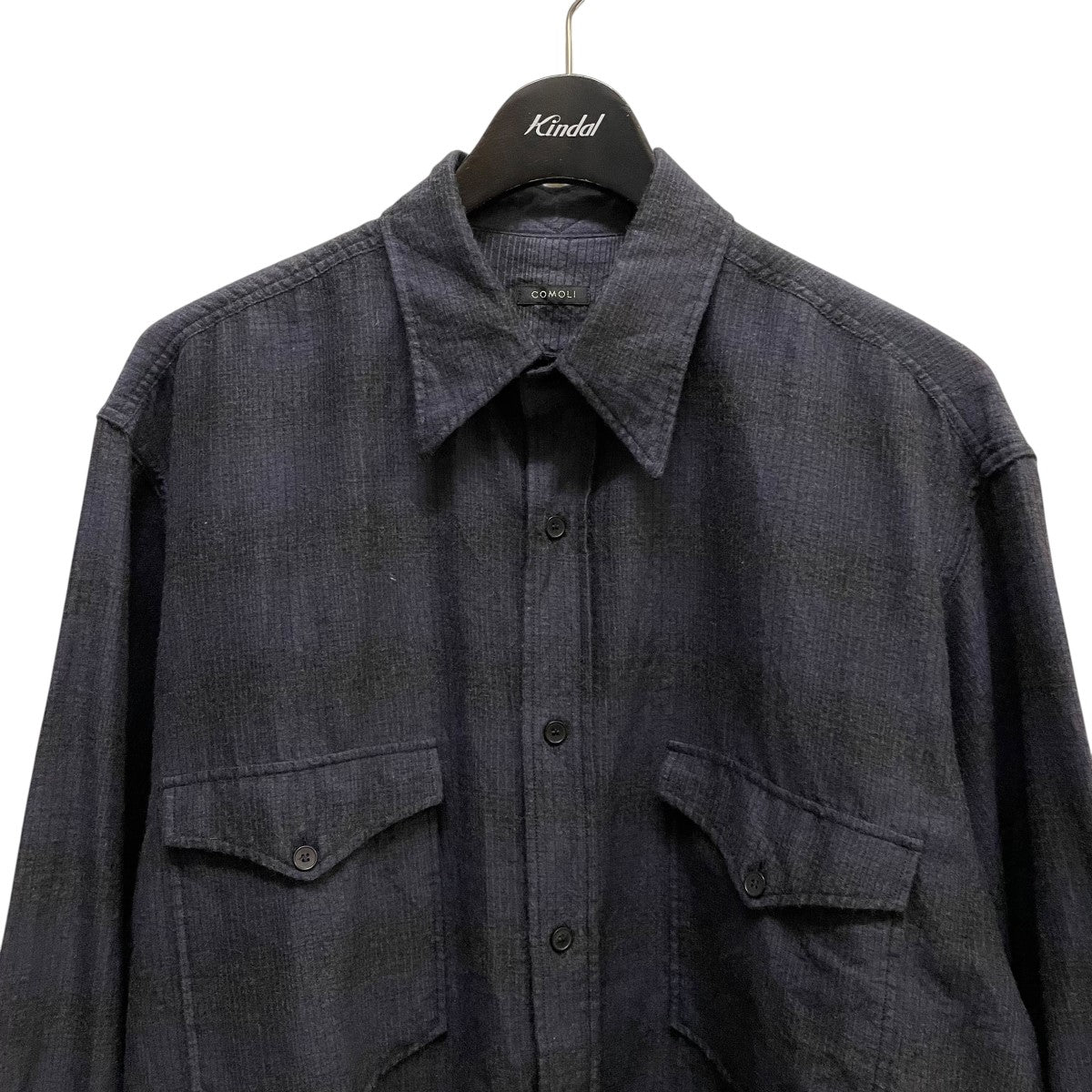 COMOLI ウールシルクワークシャツ 長袖シャツ チェック ネイビー L サイズ3】COMOLI ウールシルクワークシャツ 長袖シャツ チェック