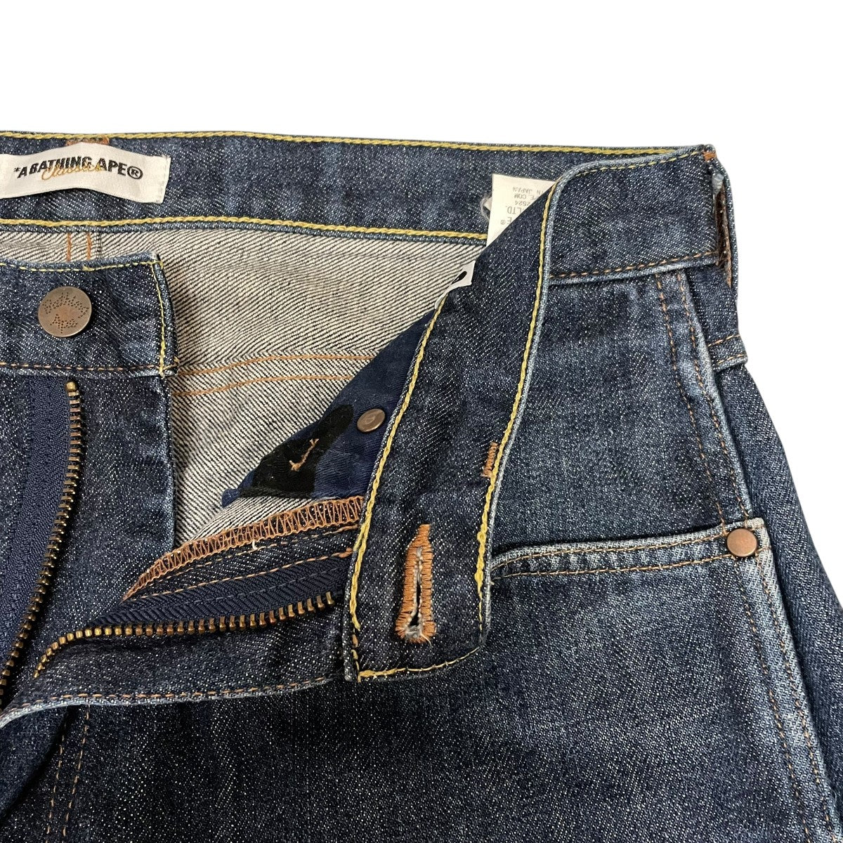 90s A BATHING APE デニムパンツ ダブルニー カーキ 裏原 アベイシングエイプ A BATHING APE 90S 三角タグ 6P ジップ