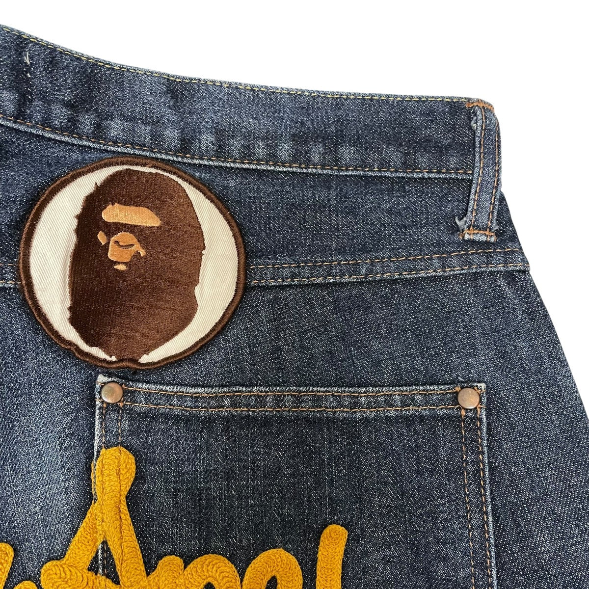 90s A BATHING APE デニムパンツ ダブルニー カーキ 裏原 アベイシングエイプ A BATHING APE 90S 三角タグ 6P ジップ