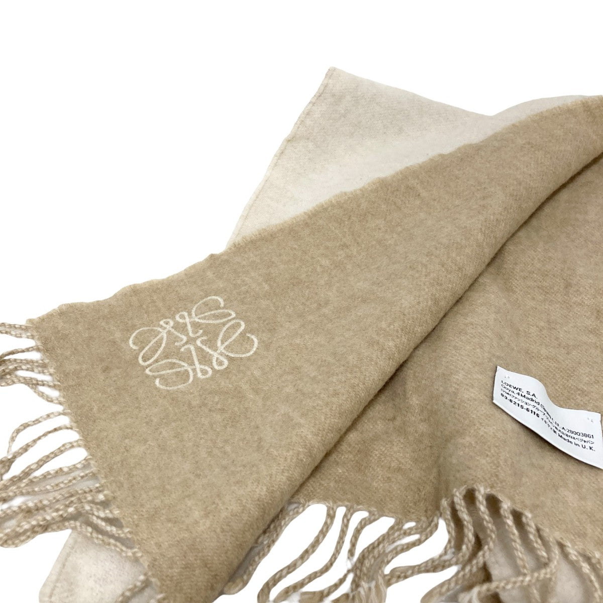 LOEWE(ロエベ) アナグラム刺繍フリンジマフラー ベージュ｜【公式