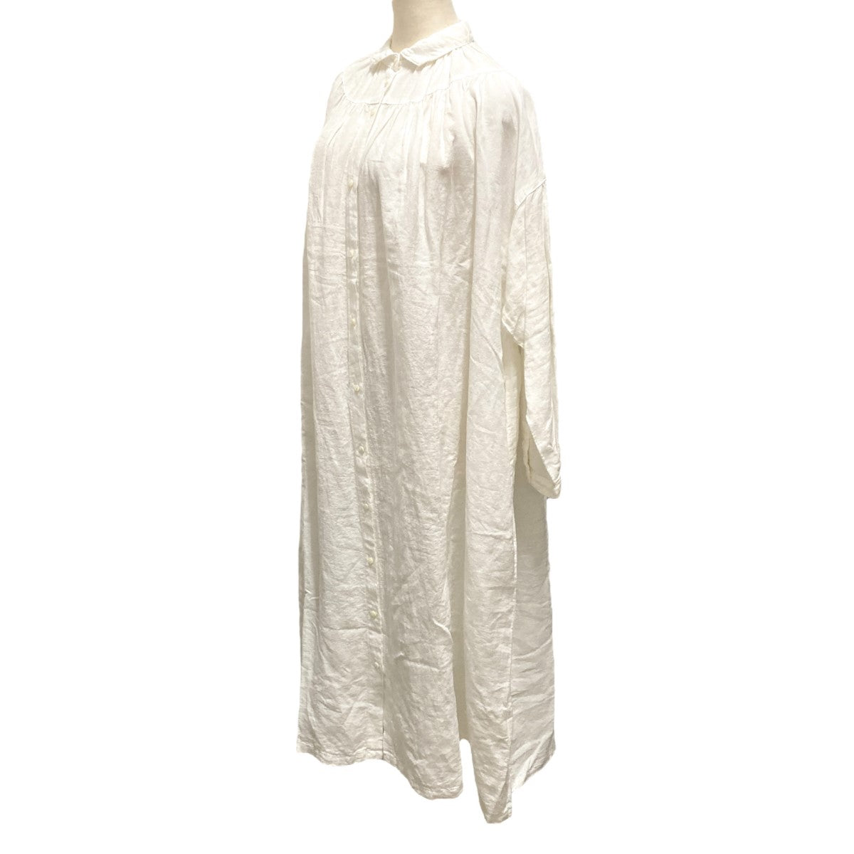 極美品＊ラボレイトリー リネン 長袖シャツワンピース ギャザー ホワイト　白 ワンピース フレンチリネン100%ギャザーシャツワンピース シャツワンピ