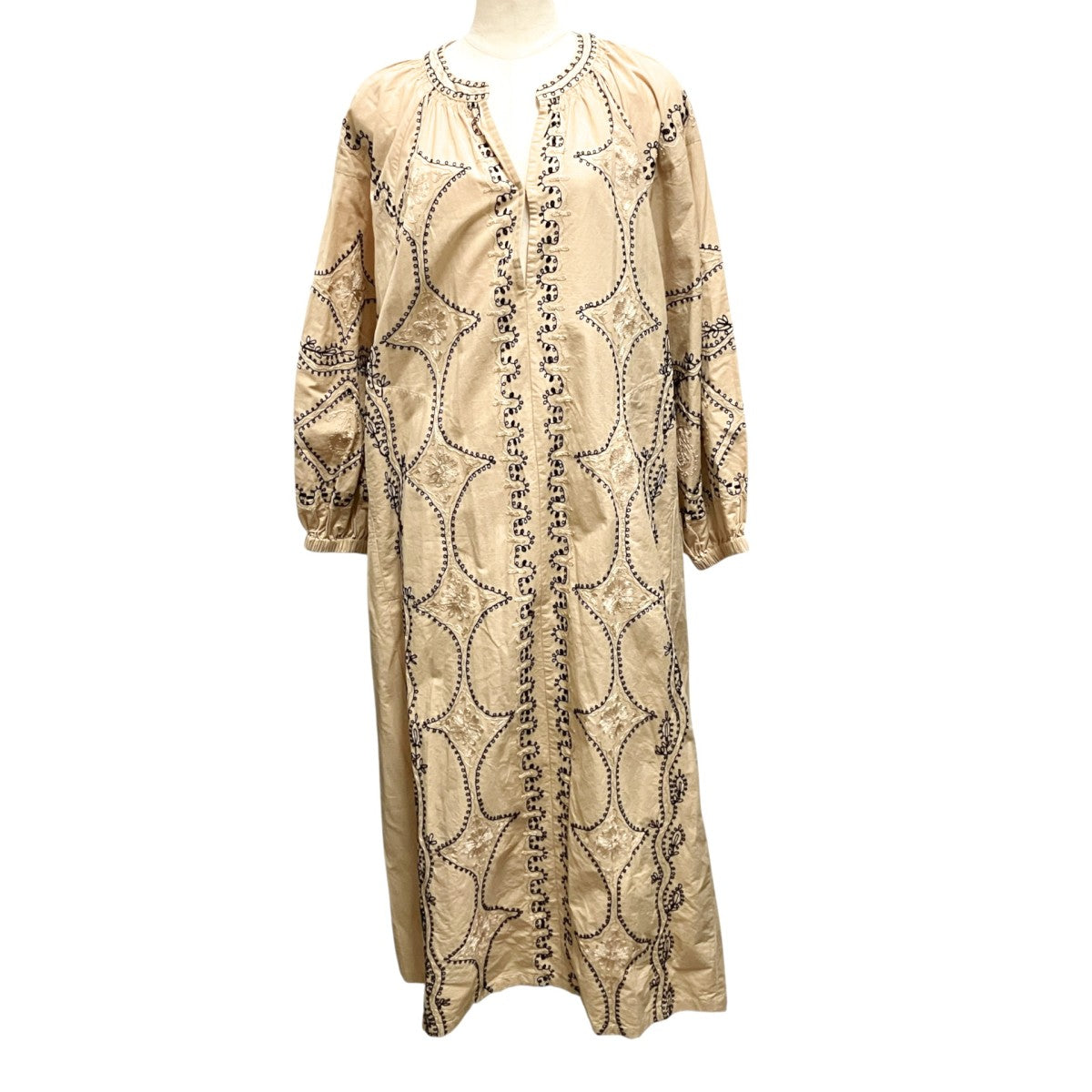 Cotton Linen Diamond Aari Embroidery Dress長袖ワンピース020442SG4