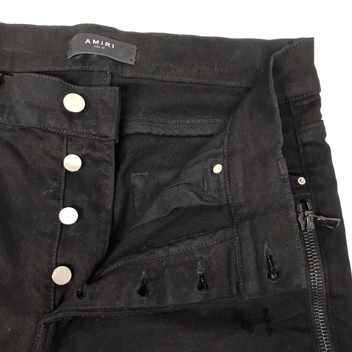 AMIRI(アミリ) Mx2 Skinny-Fit Leather-Panelled Distressed Stretch Denim Jeans スキニーデニムパンツ ブラック サイズ 32｜【公式】カインドオルオンライン ブランド古着・中古通販【kindal】