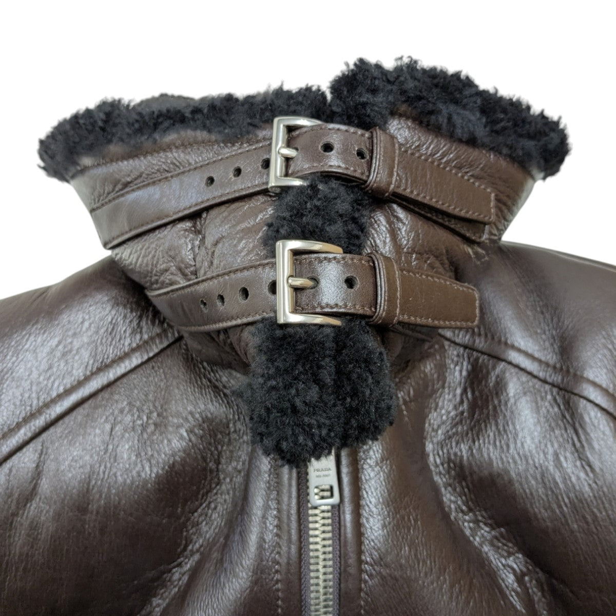 PRADAムートンレザージャケット 国内正規品 定価90万 PRADA シープスキンムートンフード付ジップ