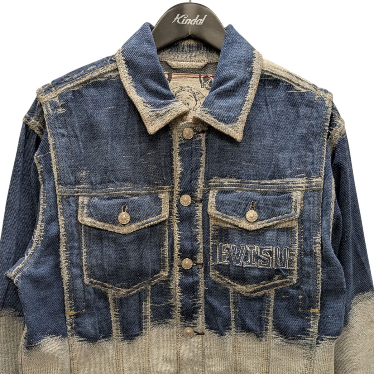 EVISU カモメ ロゴ プリント デニム テーラード ジャケット 濃紺 32 EVISU カモメ ロゴ プリント デニム テーラード ジャケット 濃紺 32