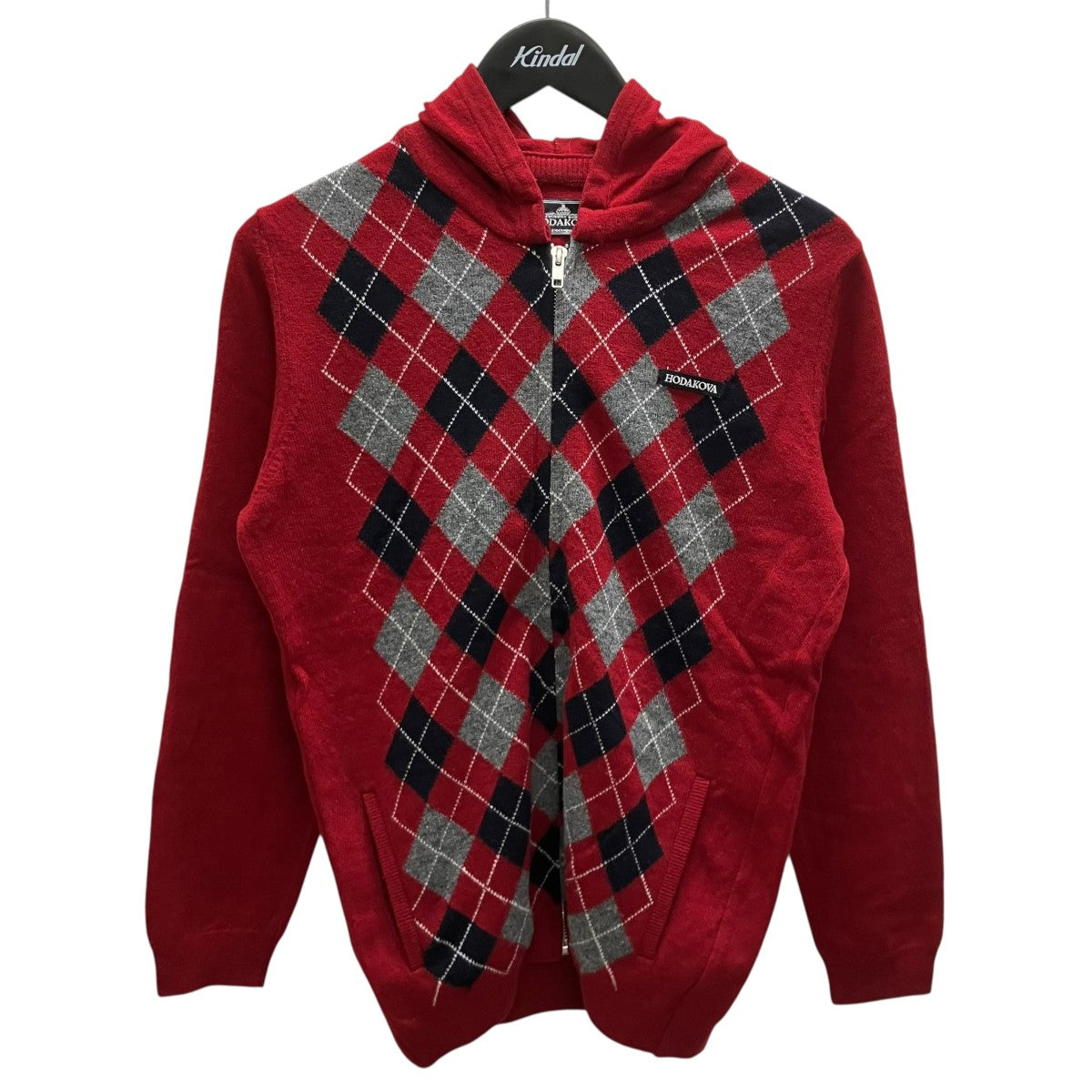 Red zip hoodieアーガイルジップニットフーディ