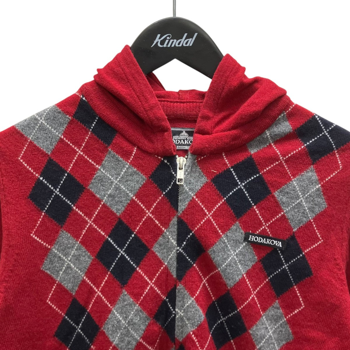 Red zip hoodieアーガイルジップニットフーディ
