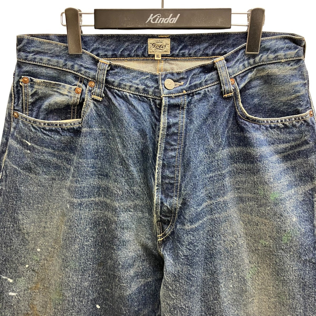 TRADE MARK GOLD RECYCLED WASTE SUVIN COTTON YARN 14oz DENIM 5POCKET WIDE PANTS VINTAGE WASHED ペイント加工ワイドデニムパンツ 古着・中古-2枚目のアイテム画像