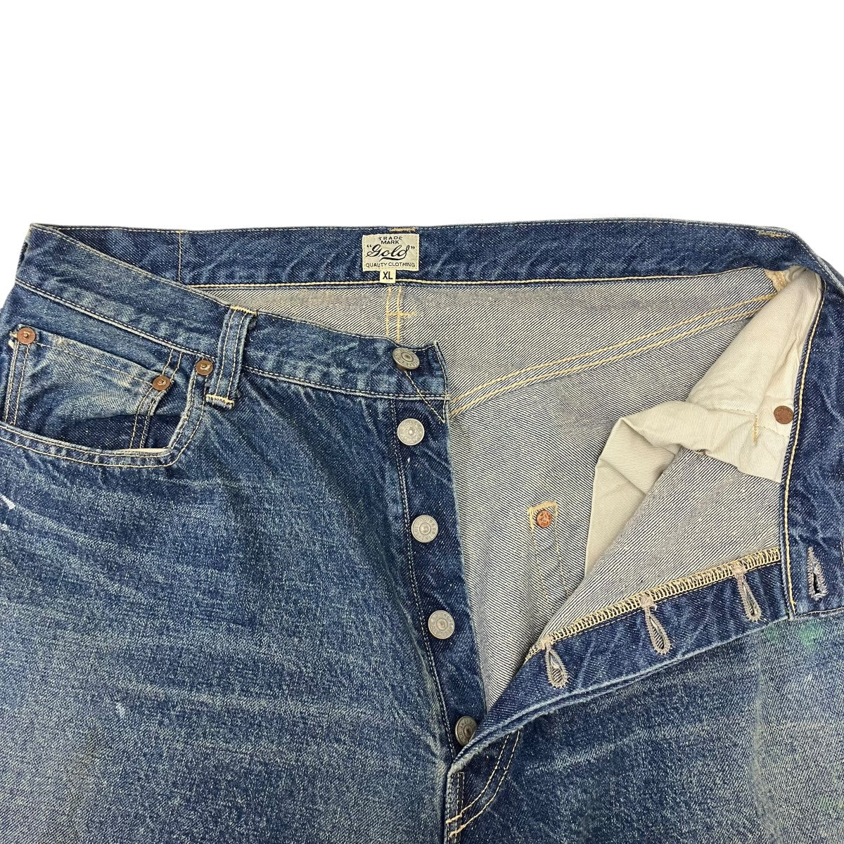 TRADE MARK GOLD RECYCLED WASTE SUVIN COTTON YARN 14oz DENIM 5POCKET WIDE PANTS VINTAGE WASHED ペイント加工ワイドデニムパンツ 古着・中古-5枚目のアイテム画像