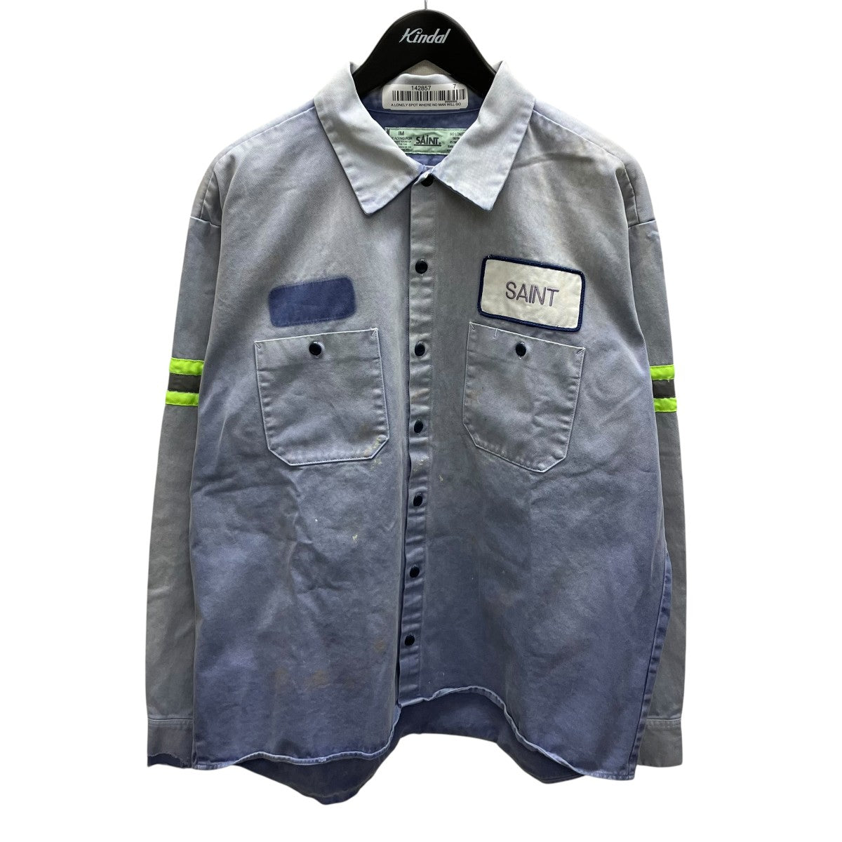 SAINT MICHAEL 26SSCOTTON SHIRT LINE NVY ダスト加工ロゴワッペンワーク長袖シャツ 古着・中古-1枚目のアイテム画像