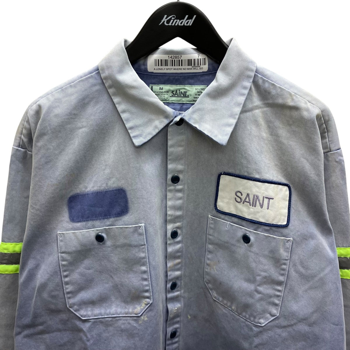 SAINT MICHAEL 26SSCOTTON SHIRT LINE NVY ダスト加工ロゴワッペンワーク長袖シャツ 古着・中古-2枚目のアイテム画像