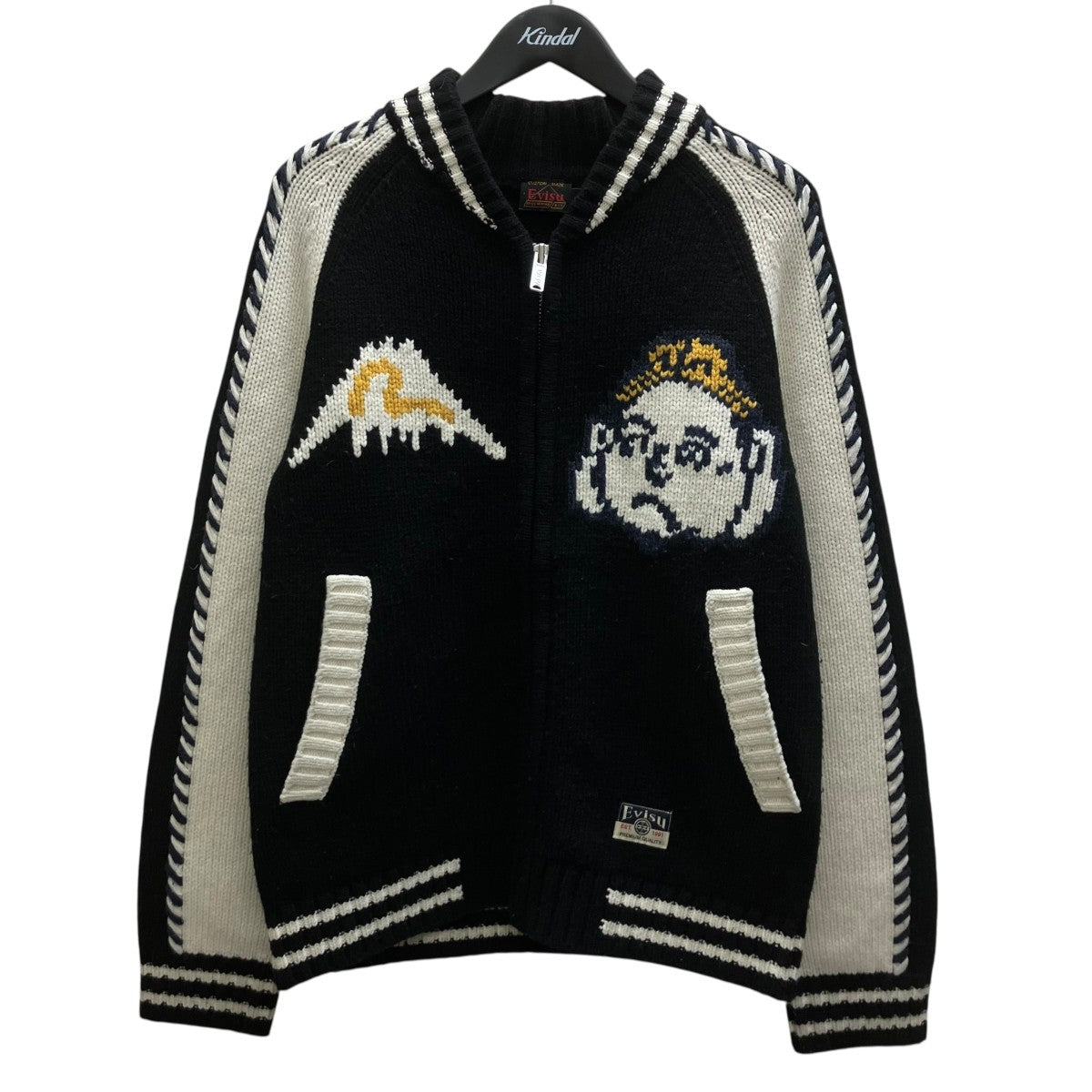 EVISU へのへのもへじ仏頭編み込みニット リラックスフィット カーディガン 古着・中古-1枚目のアイテム画像