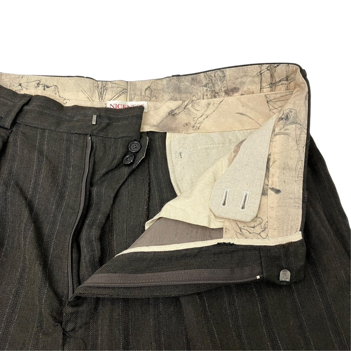NICENESS S．SCHENKER Wool Linen Stripe Flying V Trousers スラックス 古着・中古-4枚目のアイテム画像
