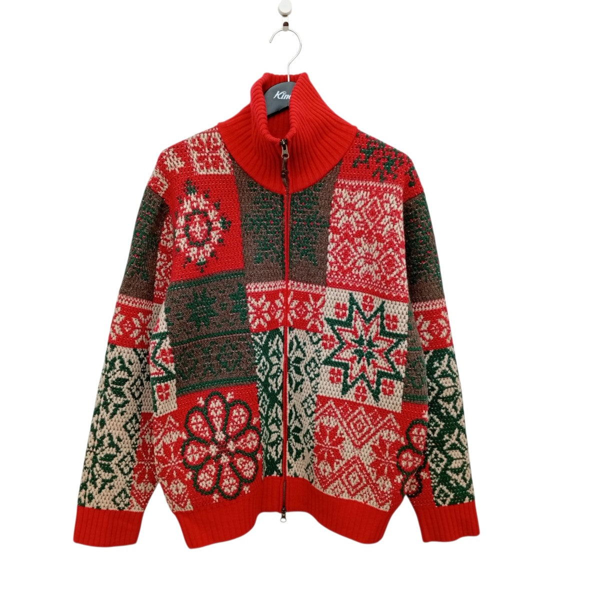 BEAMS Zip Cardigan Double Jacquard Patchwork Like Patternニットジャケット38-15-0207-156 古着・中古-1枚目のアイテム画像