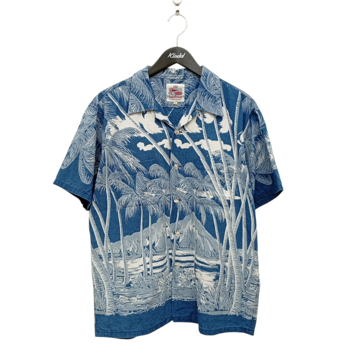 DUKE KAHANAMOKU INDIGO COTTON HAWAIIAN SHIRT COCONUT PALM ＆ DIAMONDHEADアロハシャツDK39046 古着・中古-1枚目のアイテム画像