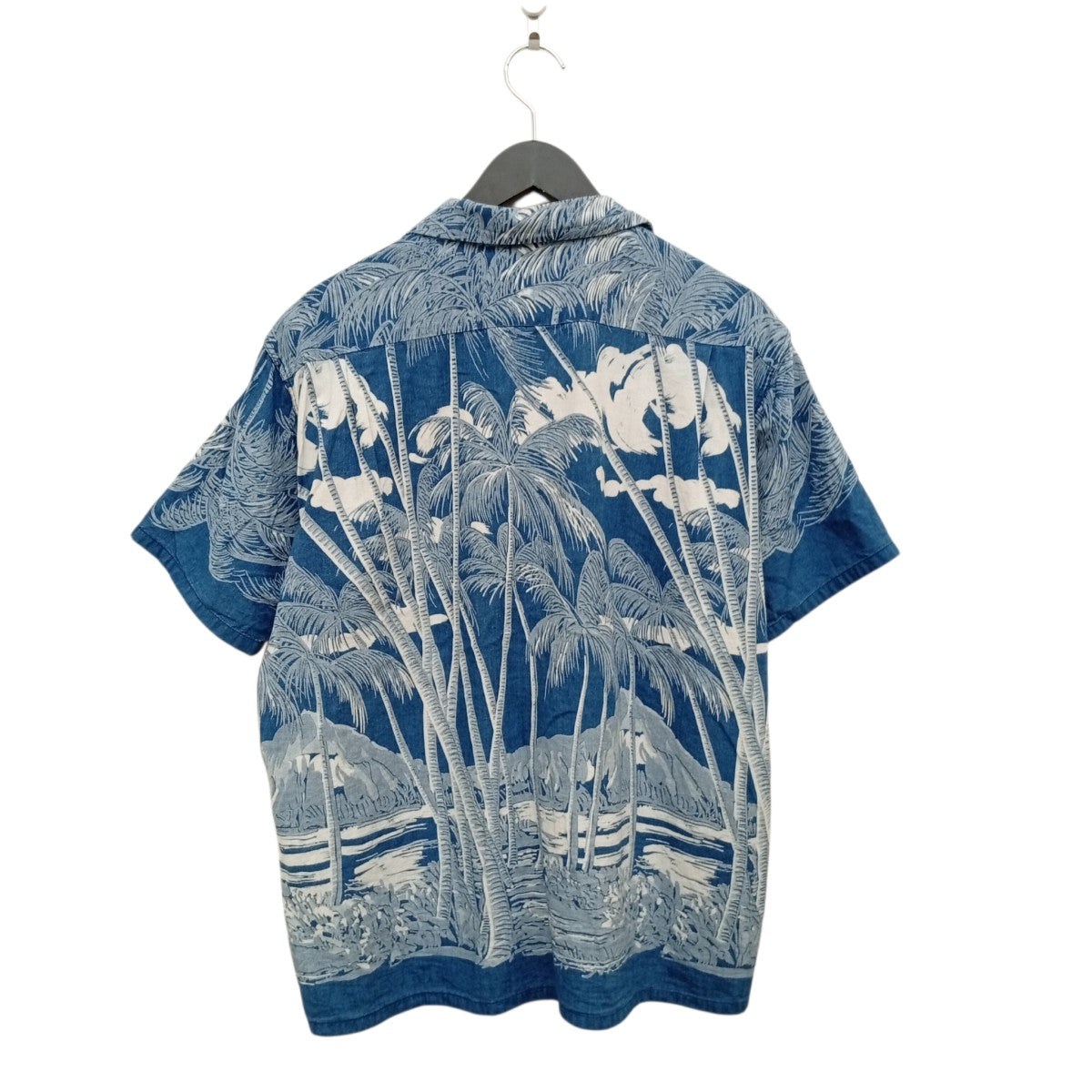 DUKE KAHANAMOKU INDIGO COTTON HAWAIIAN SHIRT COCONUT PALM ＆ DIAMONDHEADアロハシャツDK39046 古着・中古-2枚目のアイテム画像