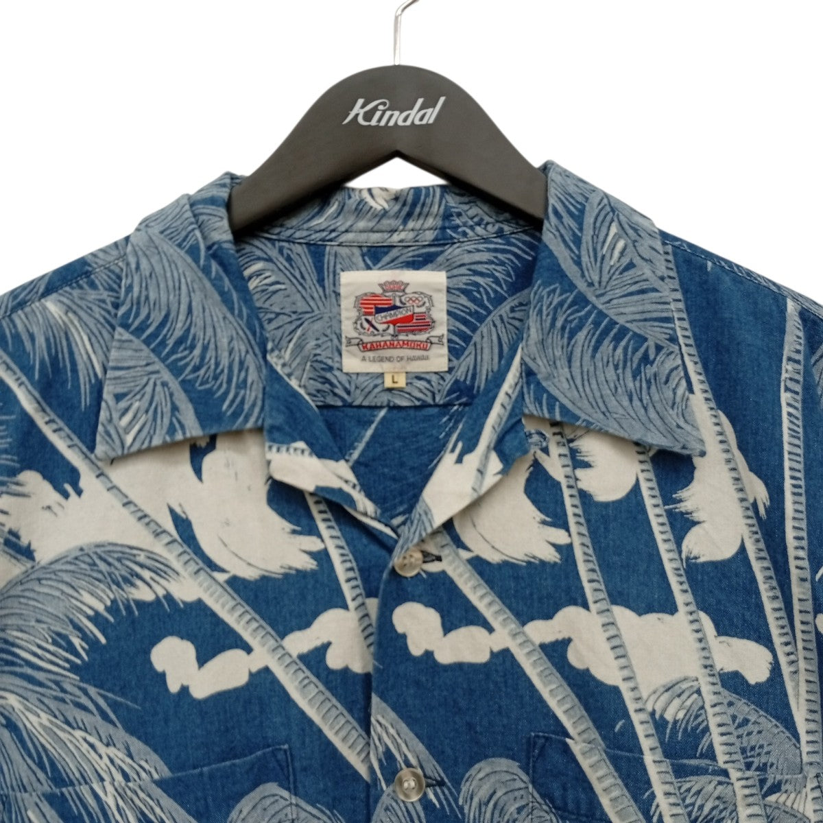 DUKE KAHANAMOKU INDIGO COTTON HAWAIIAN SHIRT COCONUT PALM ＆ DIAMONDHEADアロハシャツDK39046 古着・中古-5枚目のアイテム画像