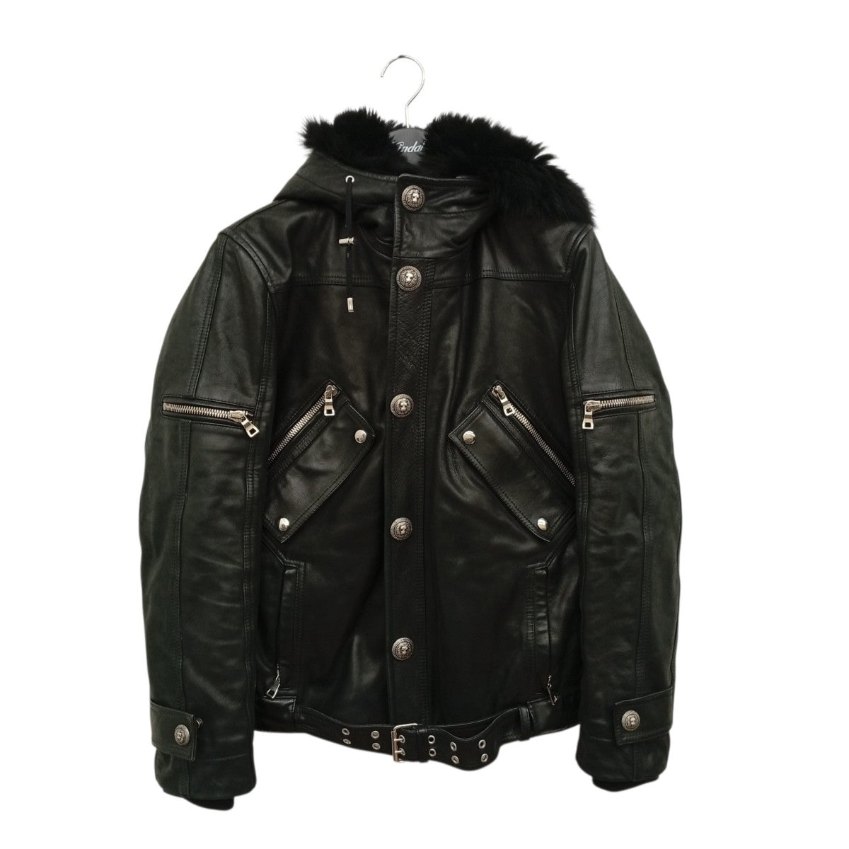 BALMAIN 15AWフォックスファーフーデットレザーライダースジャケットW5HC863D160F 古着・中古-1枚目のアイテム画像