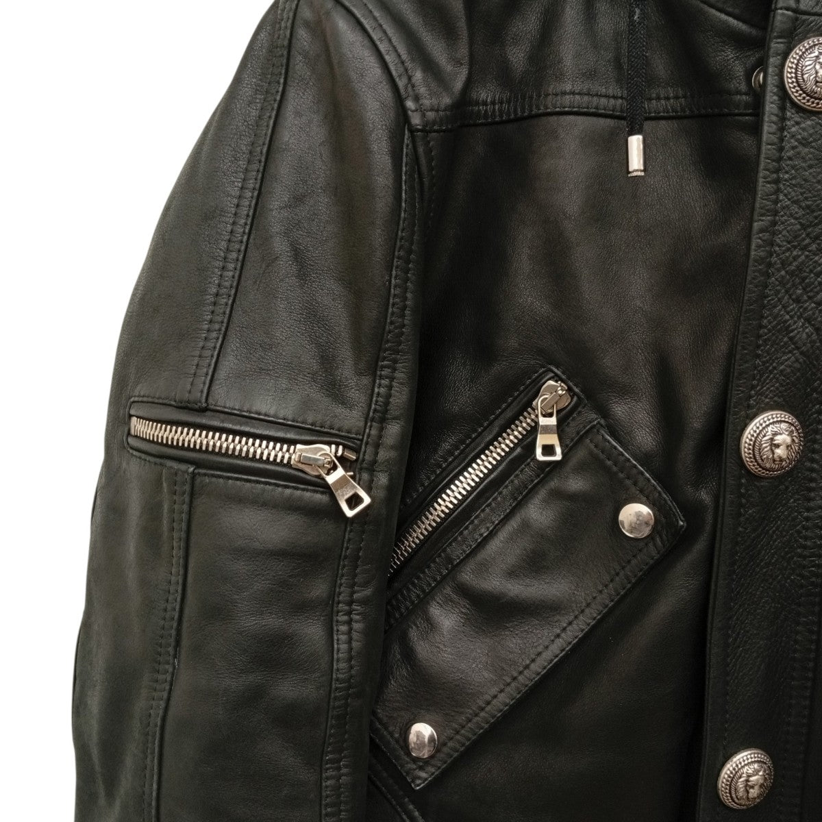BALMAIN 15AWフォックスファーフーデットレザーライダースジャケットW5HC863D160F 古着・中古-6枚目のアイテム画像
