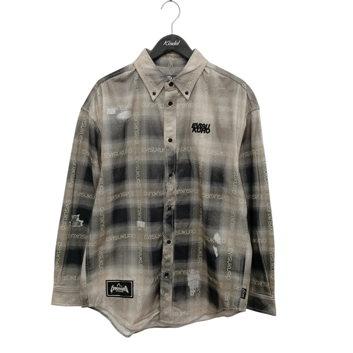 EVISU KURO ロゴ総柄ダメージ加工オーバーサイズチェック長袖シャツ2ESGNM5SL5009OSCT 古着・中古-1枚目のアイテム画像