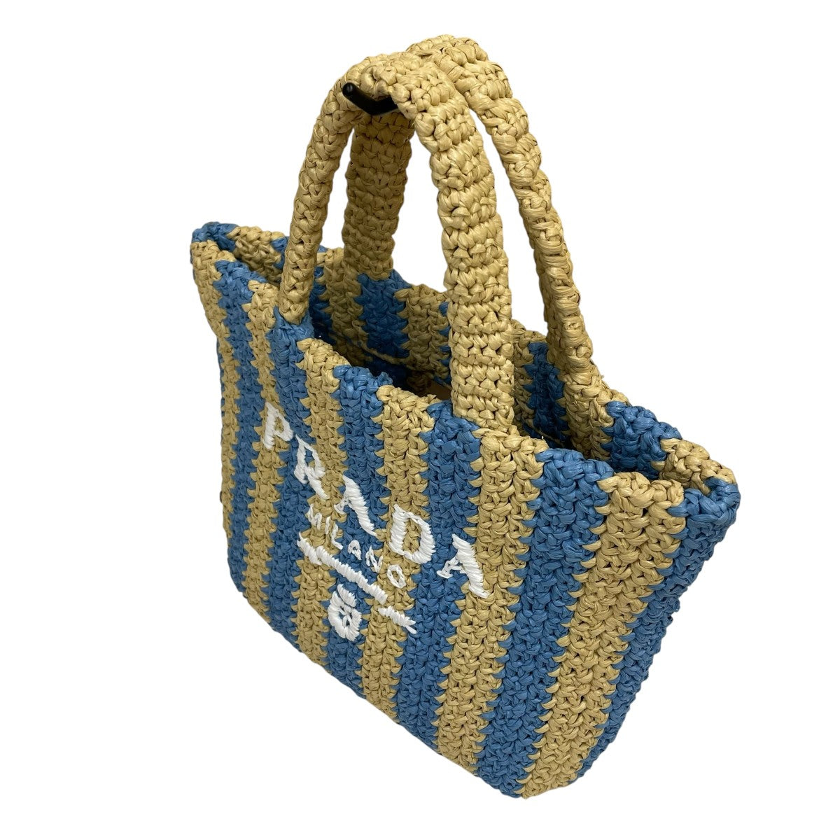 PRADA ラフィア トート トートバッグ スモール ブルー　ストライプ　水色 PRADA ラフィア トート トートバッグ スモール ブルー