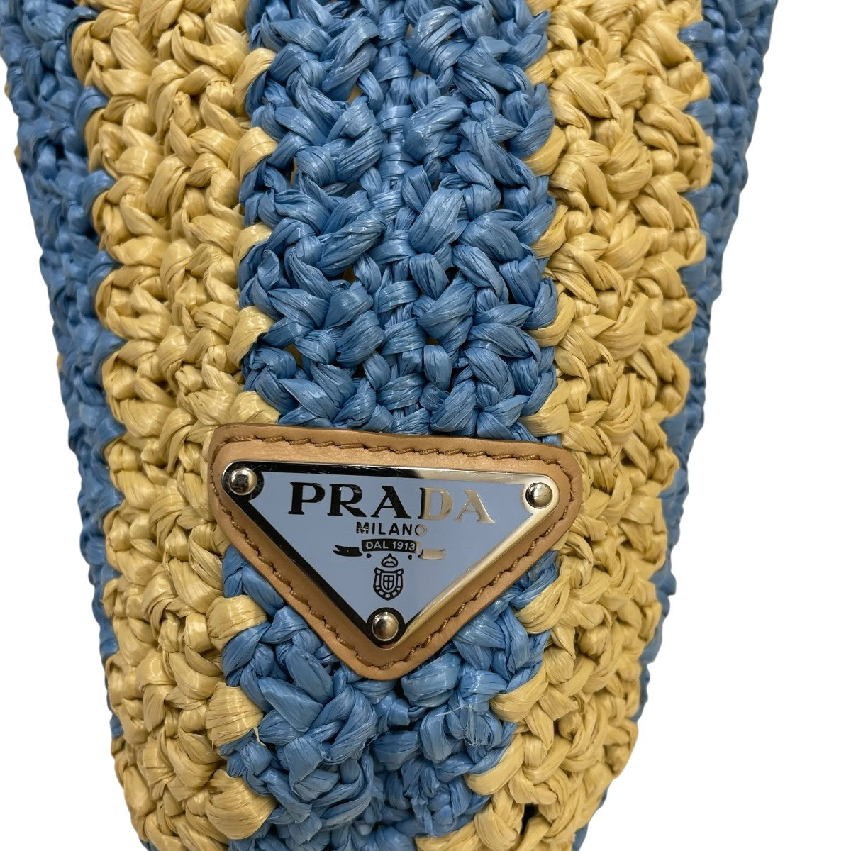 PRADA ラフィア トート トートバッグ スモール ブルー　ストライプ　水色 PRADA - PRADA ラフィア トートバッグ スモール ブルー