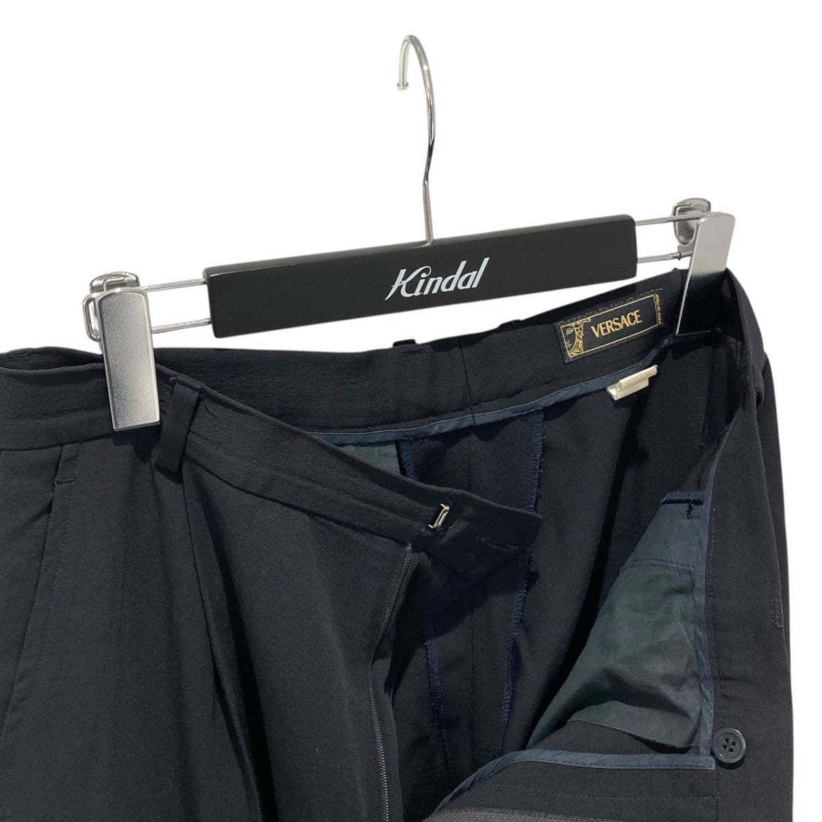 VERSACE ネイビー ストライプ　ワイド　ウールスラックス　90s Versace Jeans Couture 90s navy blue striped pants — JAMES