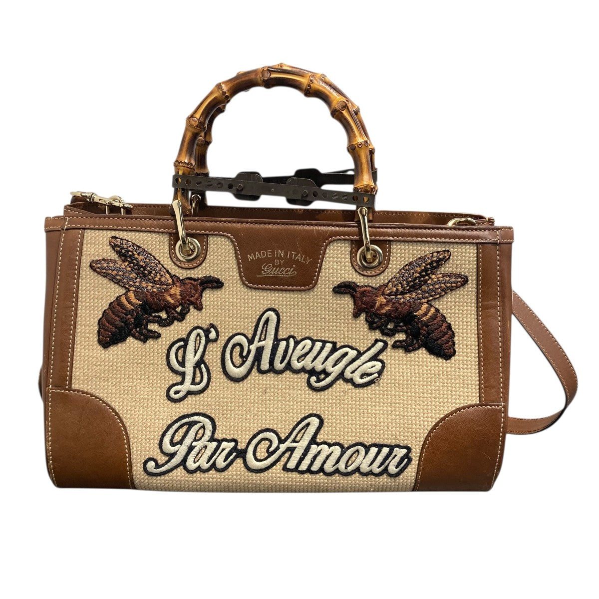 Bee Embroidered Shopper Tote Bag Bamboo Shoulder Bag2WAYバッグ