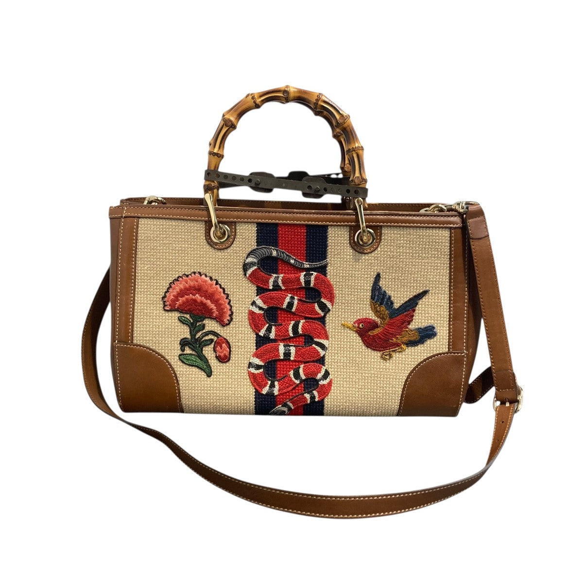 Bee Embroidered Shopper Tote Bag Bamboo Shoulder Bag2WAYバッグ