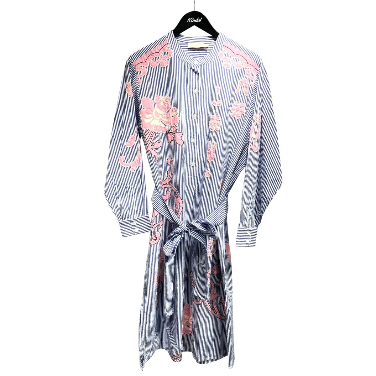 ストライプベルト付き花柄シャツワンピース
