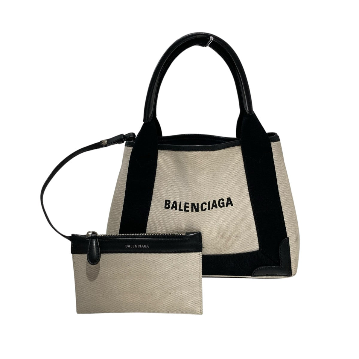 BALENCIAGA ネイビーカバ XS キャンバス ロゴ ポーチ付きハンドバッグ390346 古着・中古-1枚目のアイテム画像