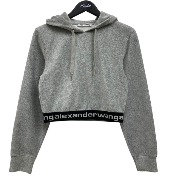 【美品】アレキサンダーワン クロップドパーカー ロゴ グレー フード付き S ALEXANDER WANG(アレキサンダーワン) クロップドパーカー グレー