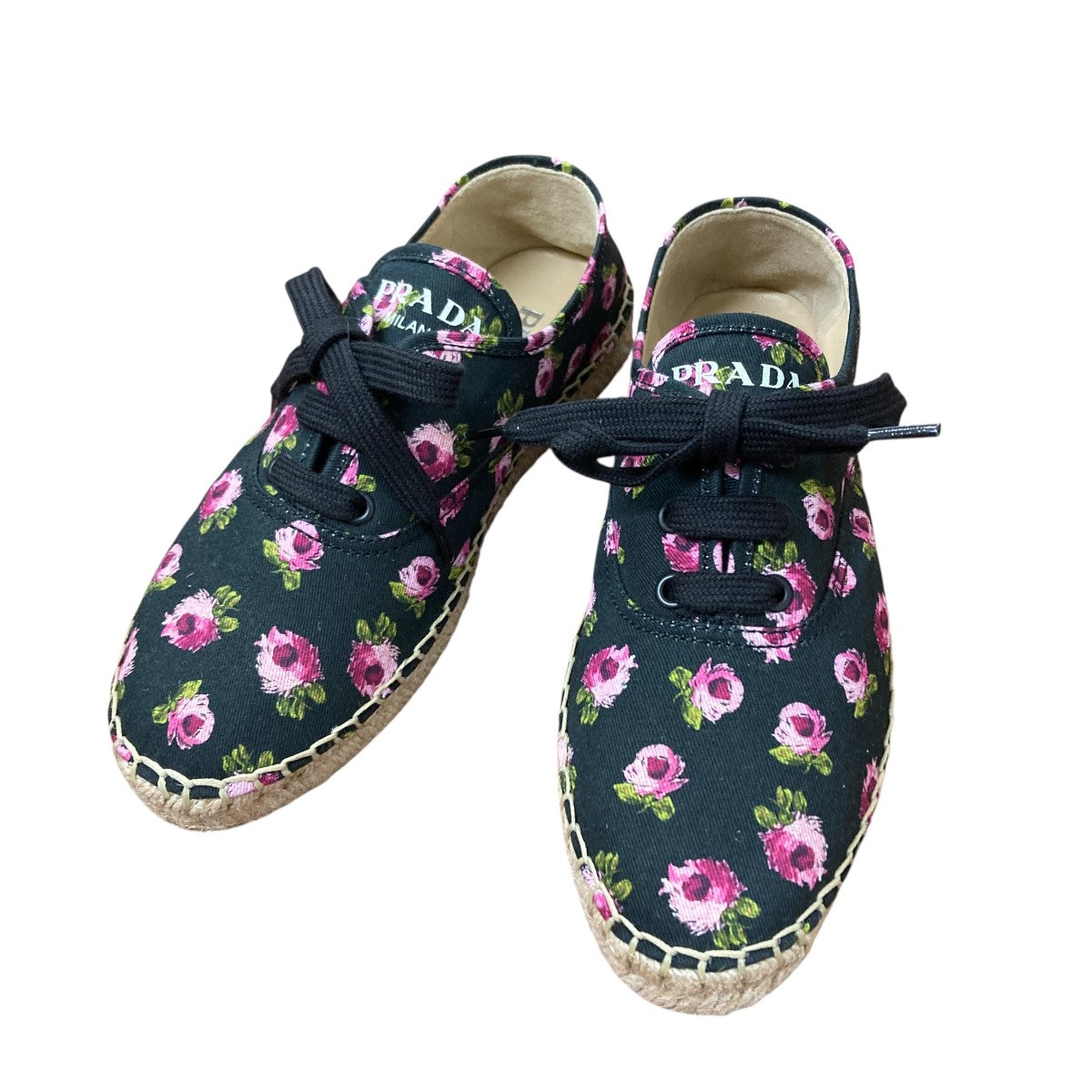 国内発送【PRADA】エスパドリーユ フラワー PRADA(プラダ) エスパドリーユシューズ 1E988L ピンク×ブラック