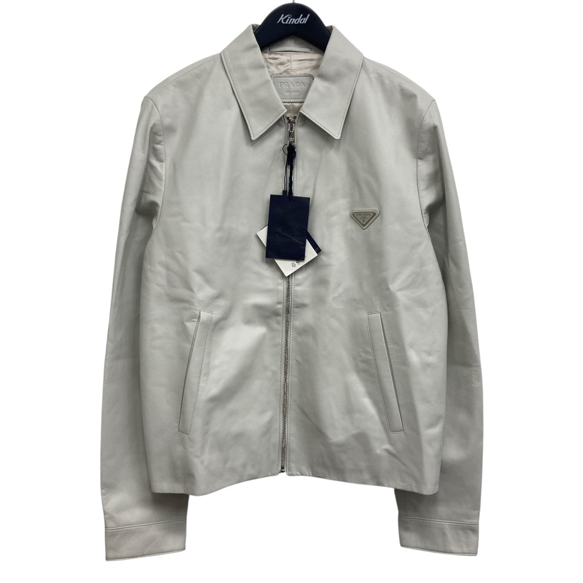 PRADA ジップアップジャケット グリーン/ホワイト　ＸＬ PRADA(プラダ) 三角ロゴプレートジップアップレザーブルゾン