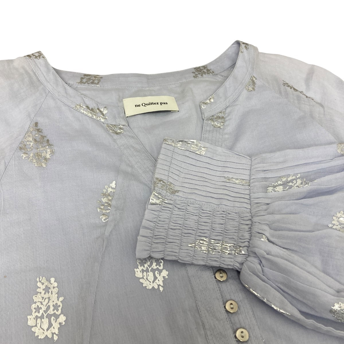 ne quittez pas Cotton Voile Foil Flower Print Sleeve Dress フラワーワンピース 古着・中古-4枚目のアイテム画像