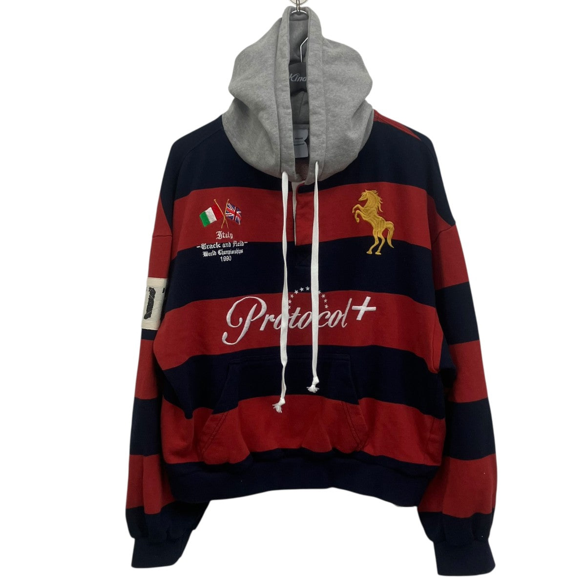 衛生日用品 Protocol Index STRIPE POLO HOODIE /RED 1 Protocol Index 'Red' Stripe Polo Hoodie – Showroom LA