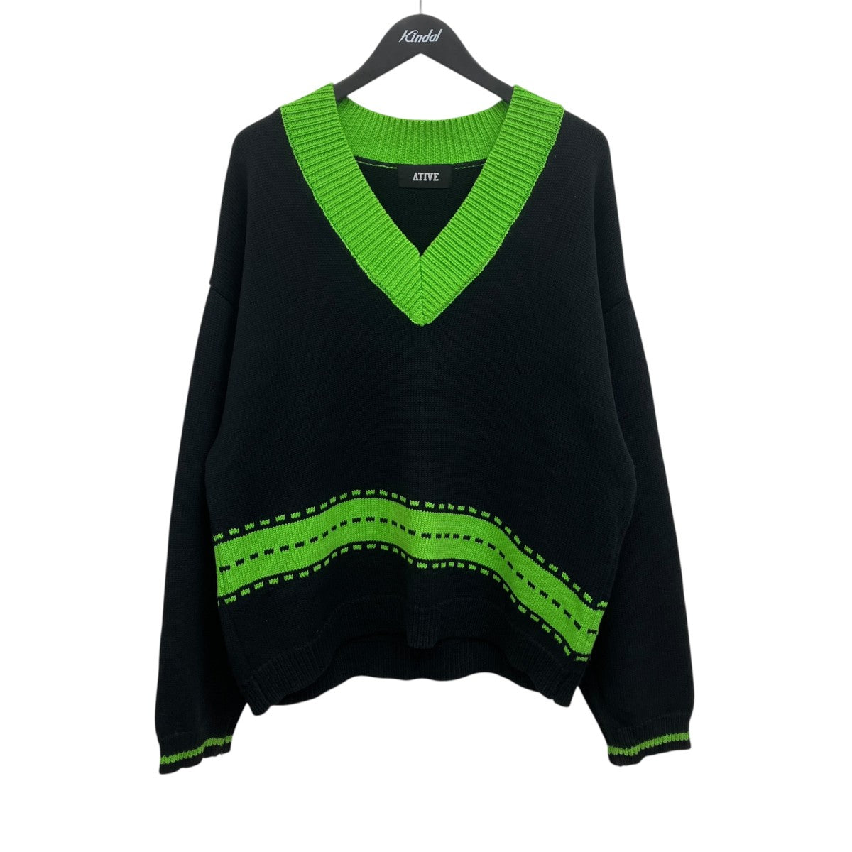 Green Knitted Cotton V-Neck Sweater Vネックニット
