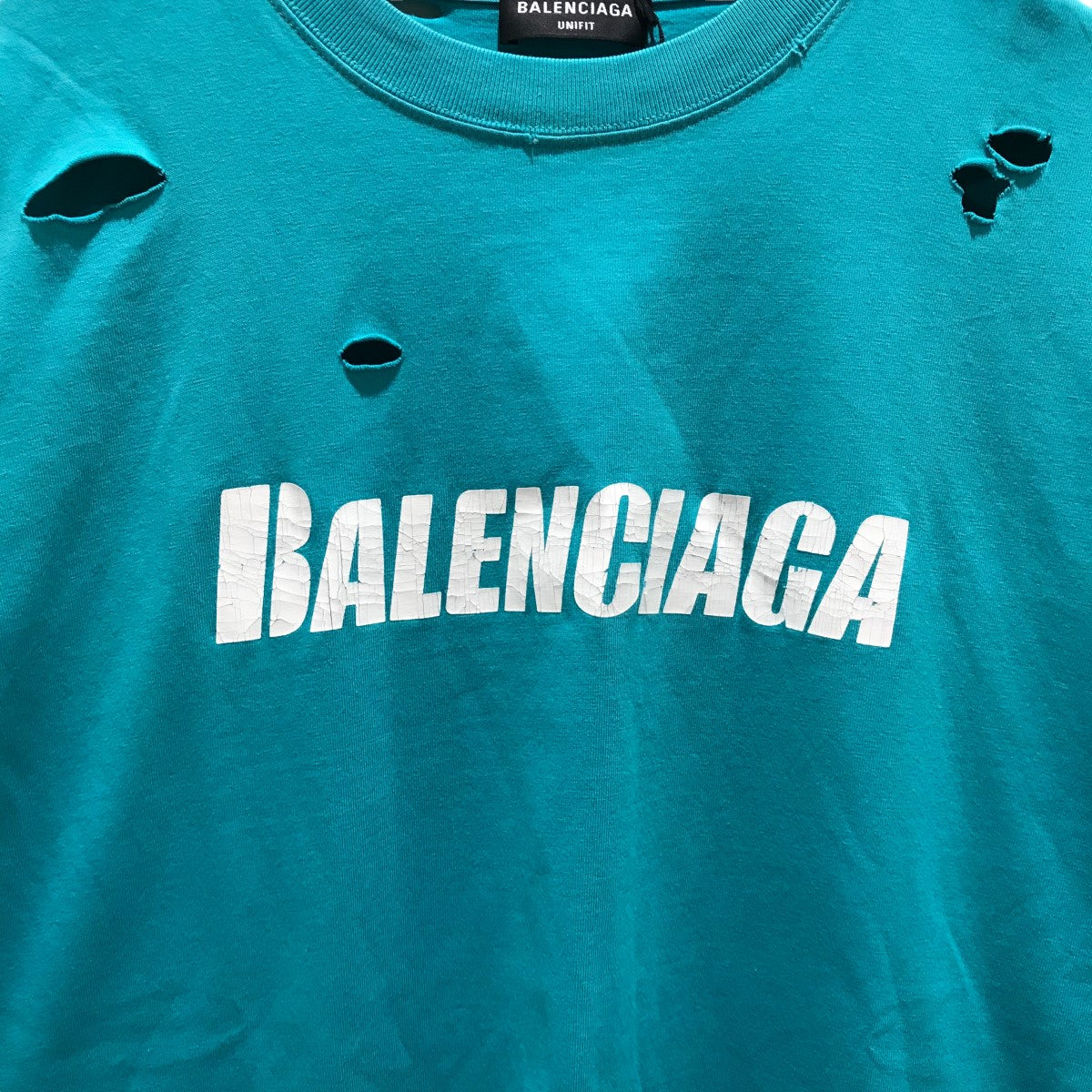 BALENCIAGA(バレンシアガ) Caps Destroyed Flatground Teeデストロイ加工Tシャツ651795 651795  ターコイズブルー サイズ XS｜【公式】カインドオルオンライン ブランド古着・中古通販【kindal】