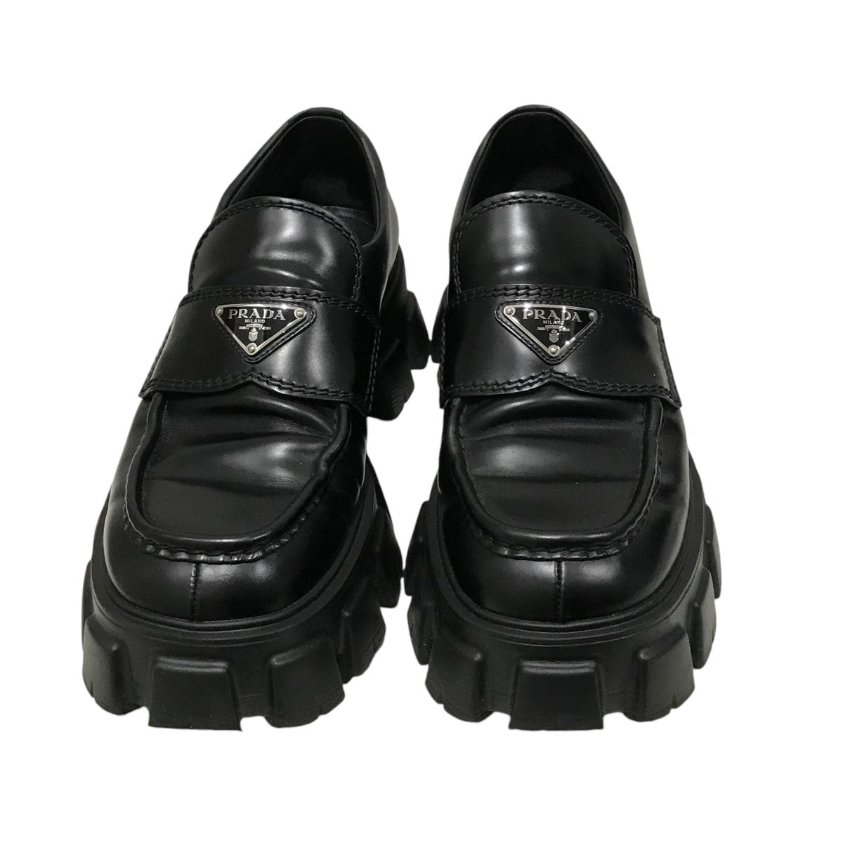 PRADA(プラダ) サイズ:7.5 Monolith Loafers モノリス トライアングルロゴ たたっ ローファー レザーローカットシューズ  ブラック