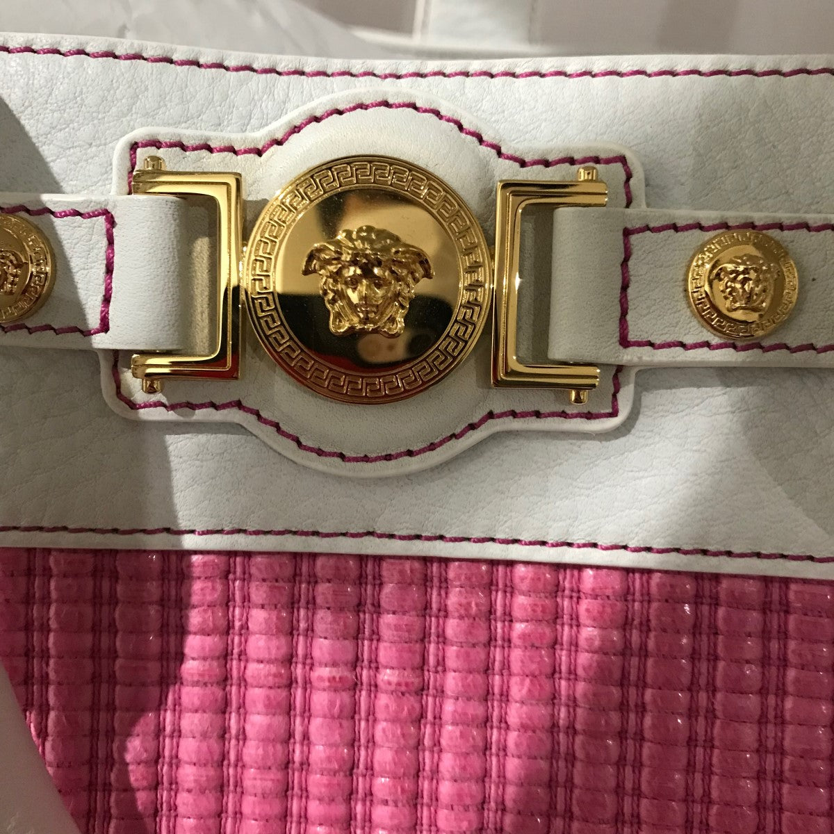 VERSACE(ヴェルサーチ) レザー切替ボストンバッグ 794 ピンク×ホワイト