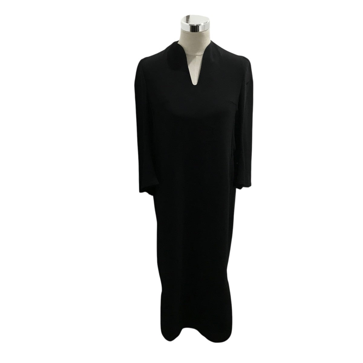 専用Acetate Polyester V-Neck Dress フレア Mame Kurogouchi：Acetate Polyester V-Neck Dress - BLACK