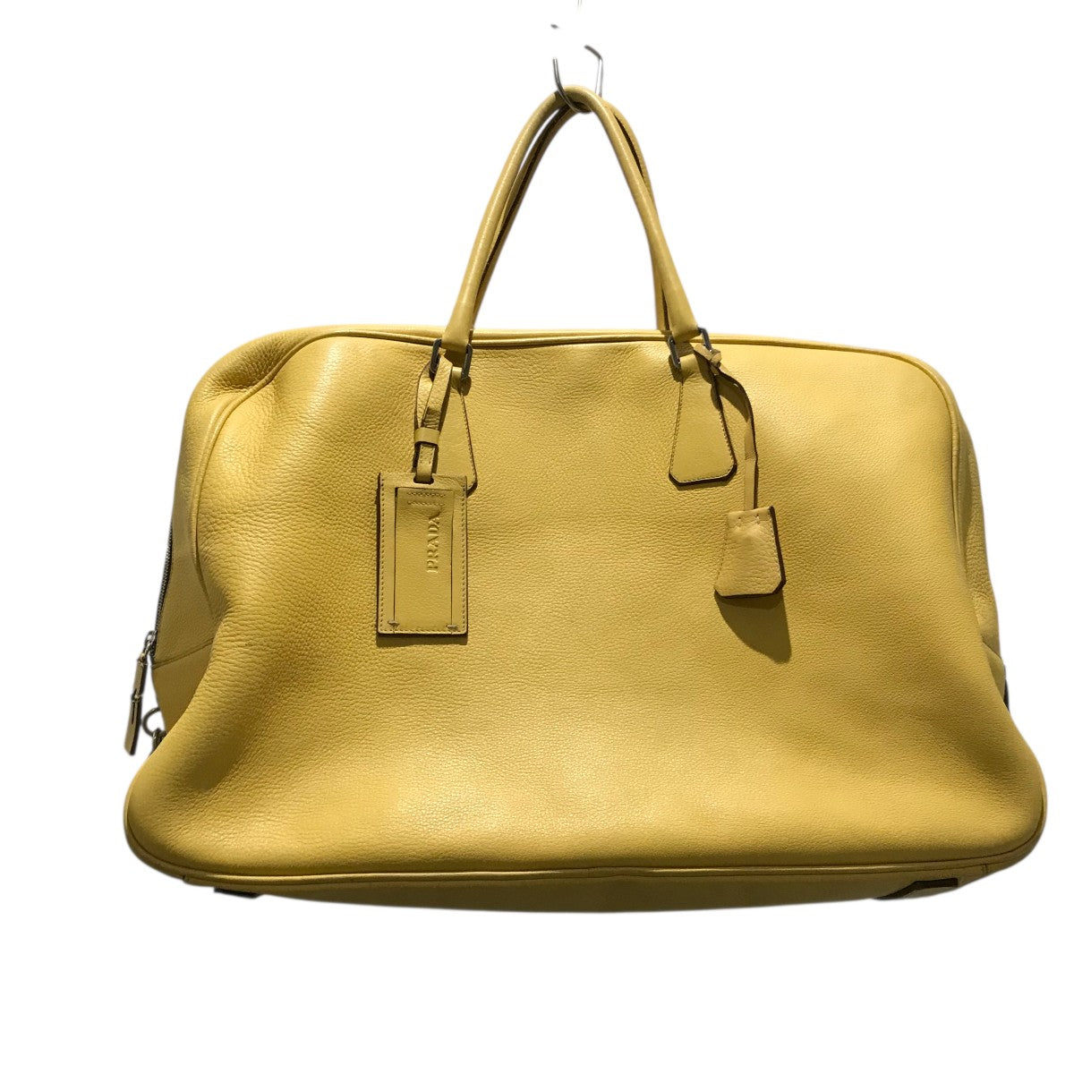 お値下げ中！認定カード付き美品PRADA ゴールド ナイロン ハンドバッグ PRADA◇ハンドバッグ/ナイロン/カーキ/三角プレート