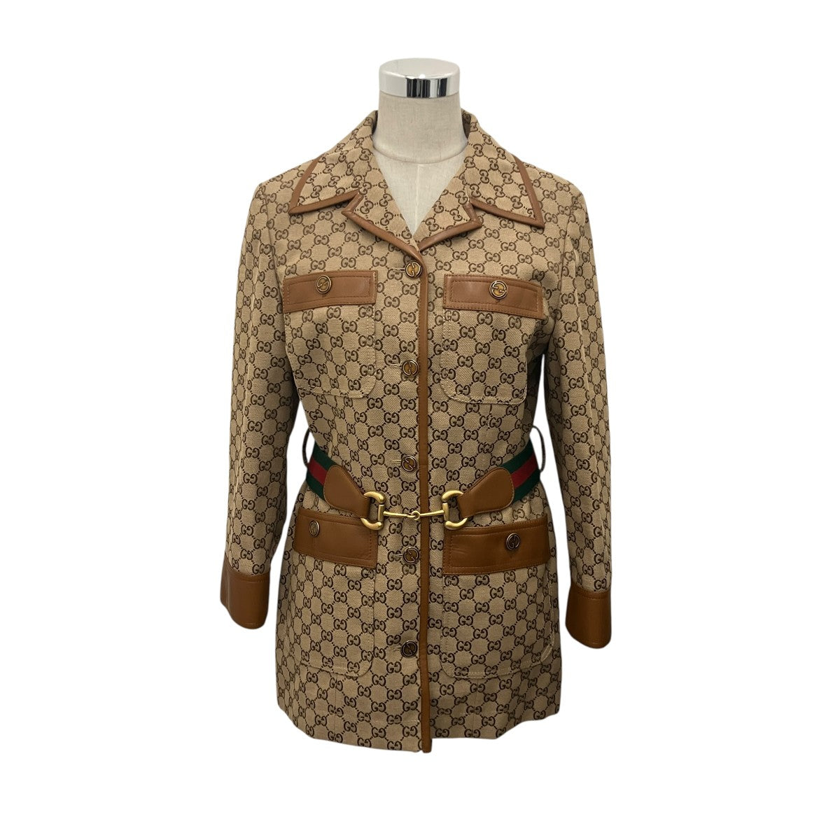 GUCCI 【ウェブストライプベルト付き GGキャンバス ジャケット】ベルト付レザー切替コート682302 古着・中古-1枚目のアイテム画像
