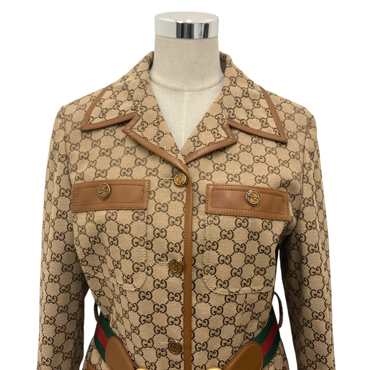 GUCCI 【ウェブストライプベルト付き GGキャンバス ジャケット】ベルト付レザー切替コート682302 古着・中古-3枚目のアイテム画像