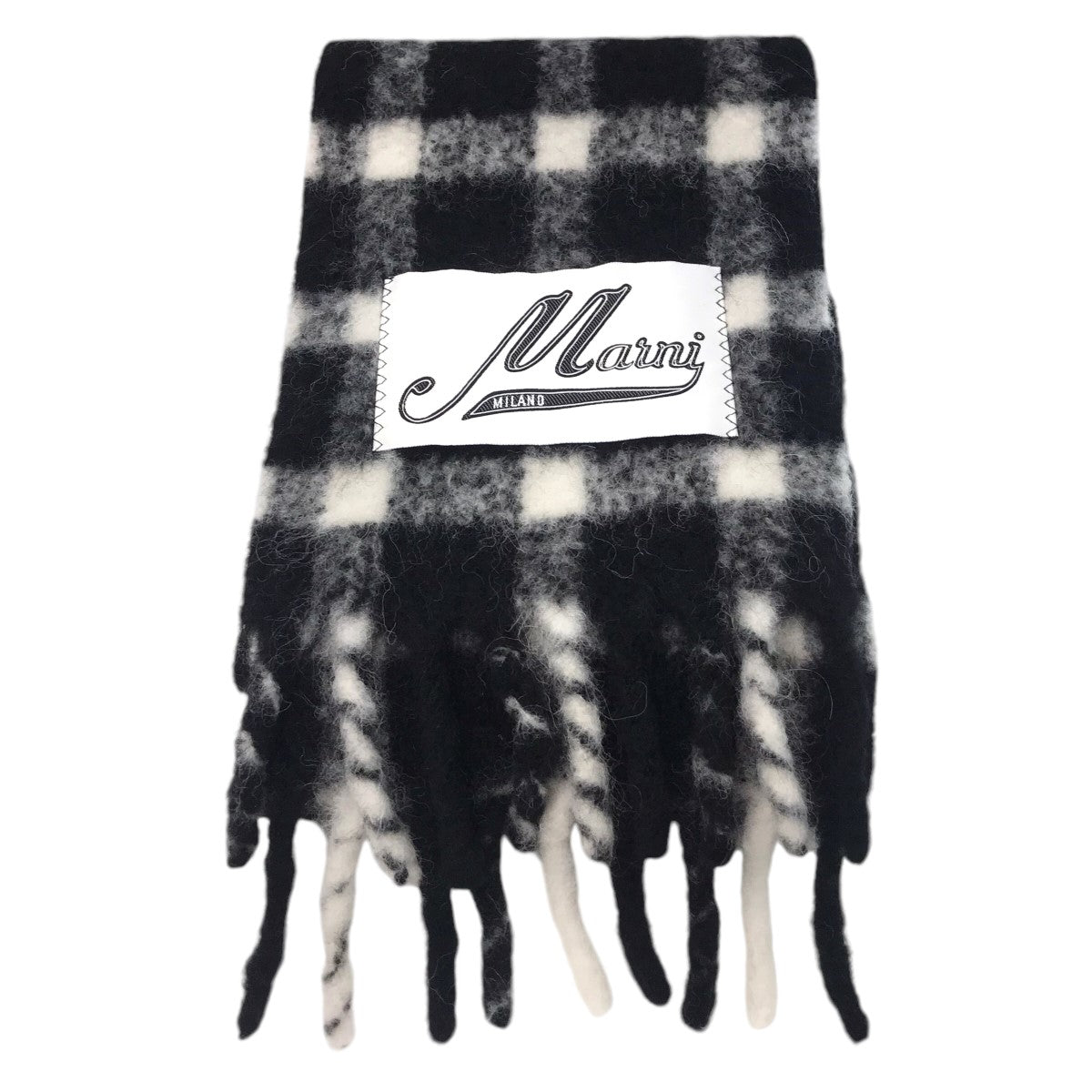 MARNI(マルニ) 23AW「SCARF Alpaca blend checked scarf SCMC0105QOUAW019」チェック柄フリンジ ウールマフラー ブラック×ホワイト｜【公式】カインドオルオンライン ブランド古着・中古通販【kindal】