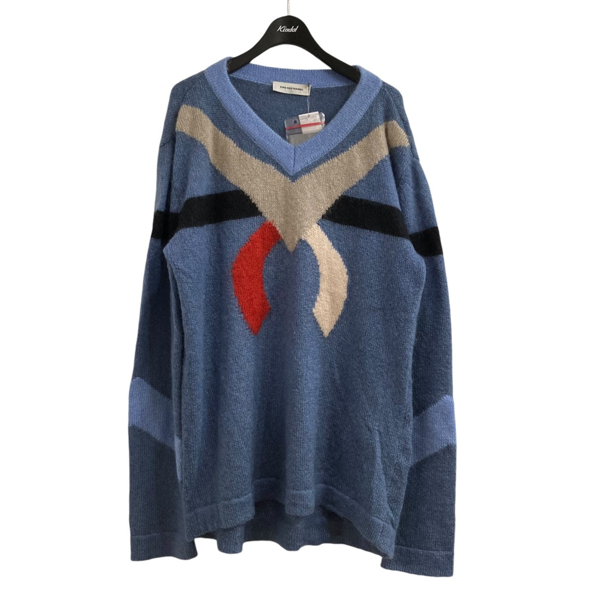 Kiko Kostadinov(キココスタディノフ) 20AWNOLAN INTARSIA JUMPER SKYWAYフロントデザインVネックニットセーター  ブルー×ベージュ サイズ 46｜【公式】カインドオルオンライン ブランド古着・中古通販【kindal】